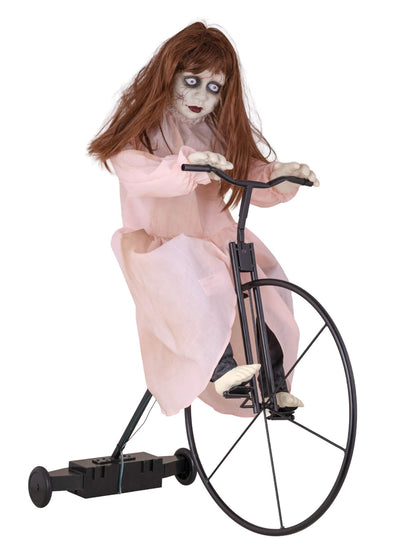 Animierte Deko besessenes kleines Mädchen auf Fahrrad für Halloween Rosa, Pinkes Kleid mit Bewegung
