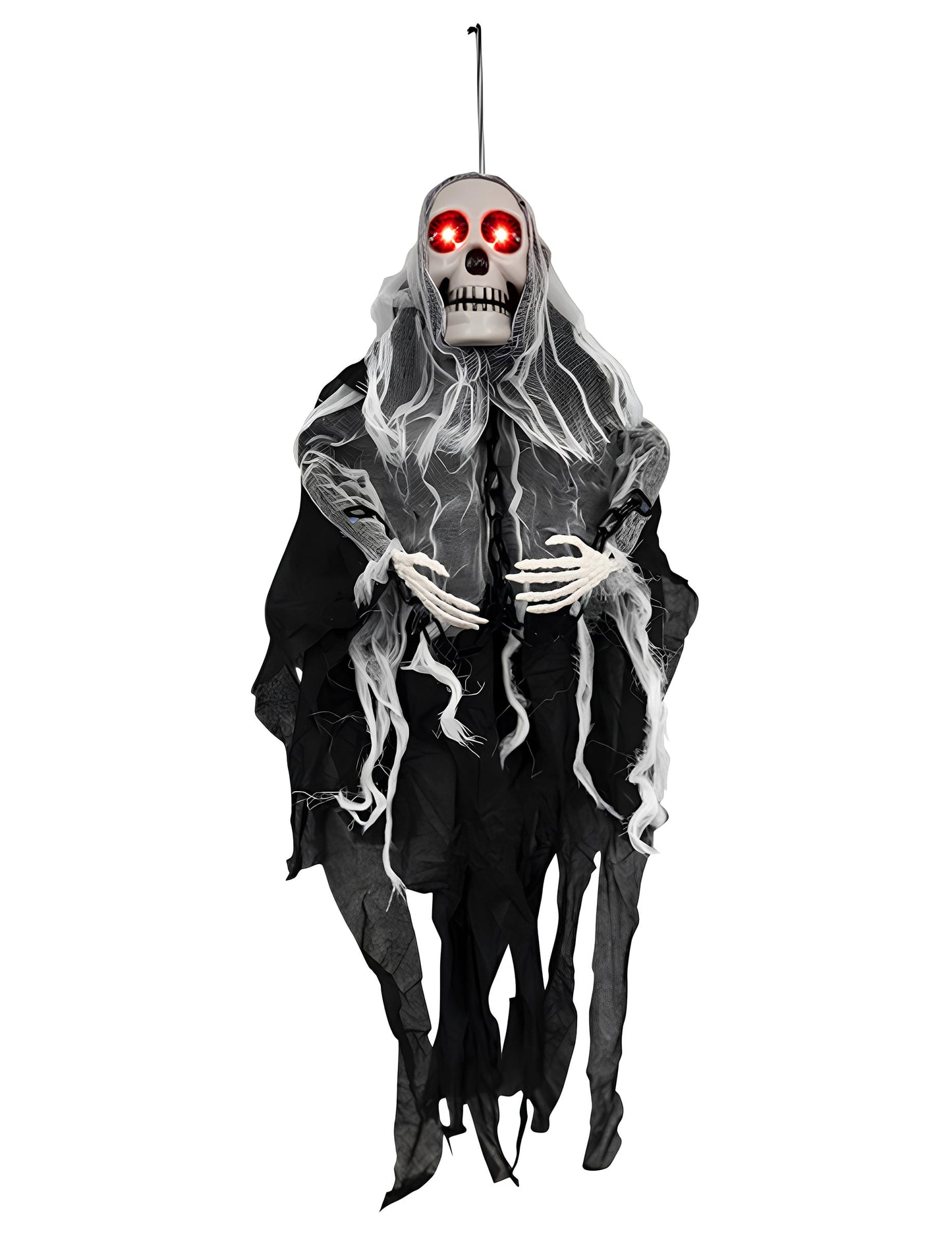 Décoration animée suspendue ghoul hantée pour Halloween noire et blanche avec yeux rouges lumineux