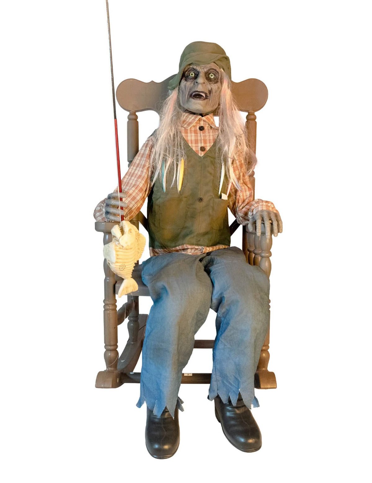 Animierte Deko geisterhafter Fischer auf Schaukelstuhl für Halloween mit Bewegung und Angelrute