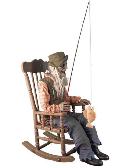 Animierte Halloween-Figur Fischer im Schaukelstuhl mit Sound 185 cm