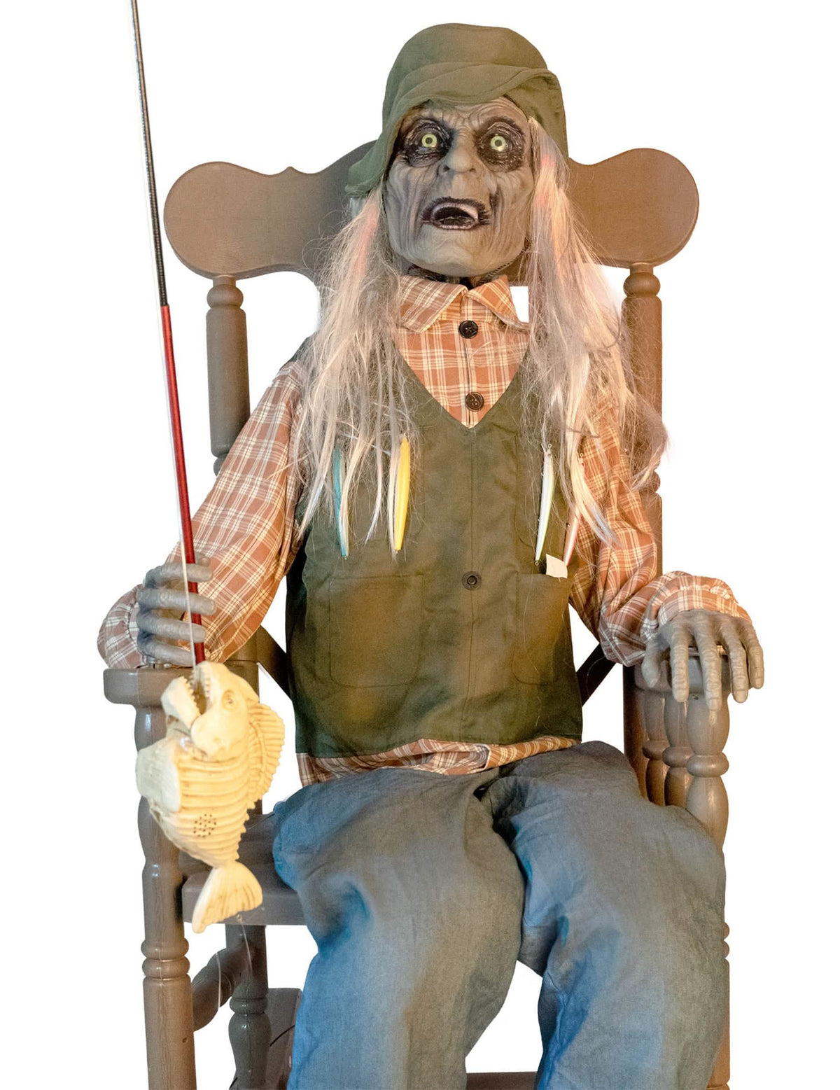 Animierte Halloween-Figur Fischer im Schaukelstuhl mit Sound 185 cm