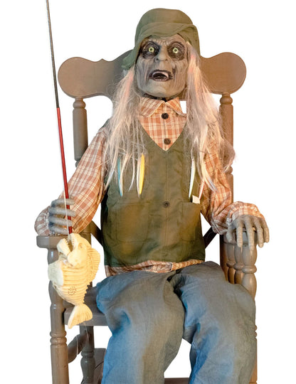 Animierte Halloween-Figur Fischer im Schaukelstuhl mit Sound 185 cm