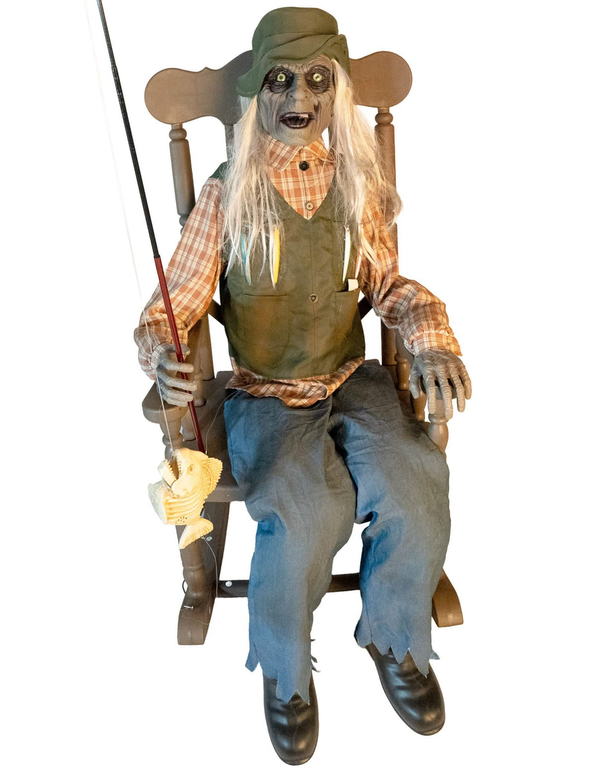 Animierte Halloween-Figur Fischer im Schaukelstuhl mit Sound 185 cm