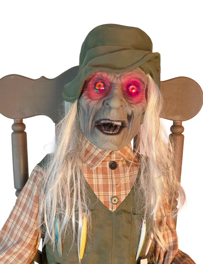 Animierte Halloween-Figur Fischer im Schaukelstuhl mit Sound 185 cm