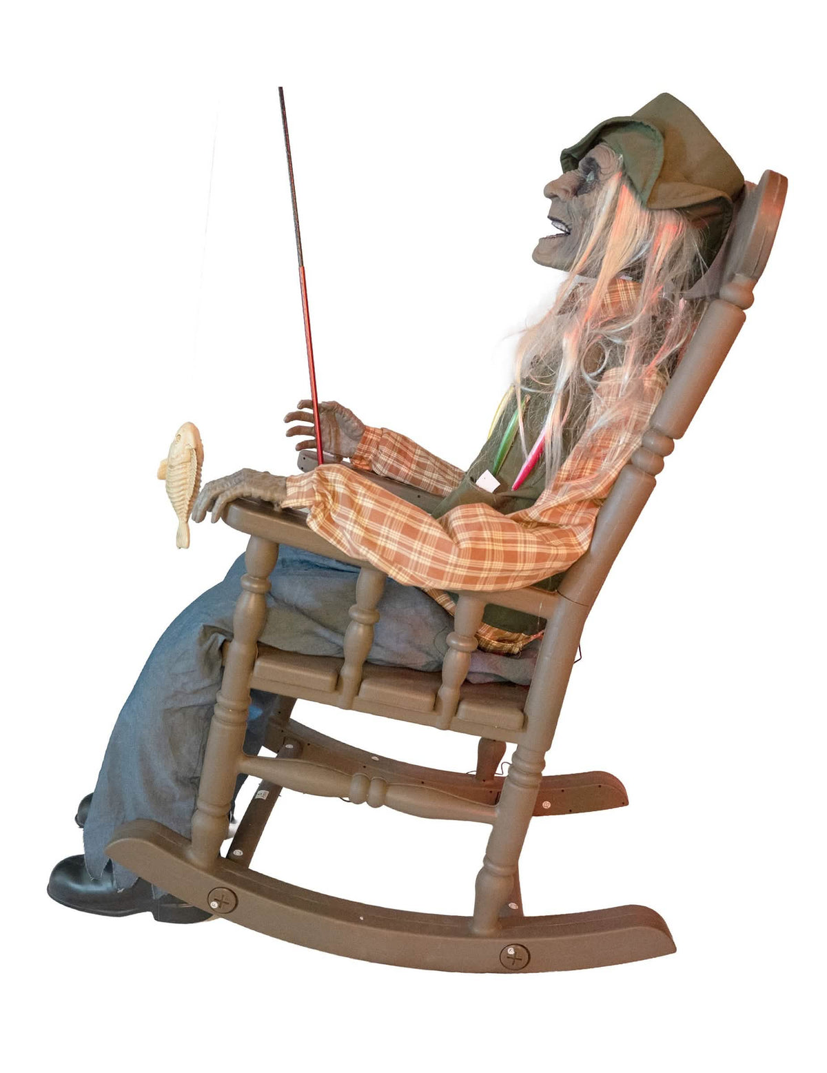 Animierte Halloween-Figur Fischer im Schaukelstuhl mit Sound 185 cm