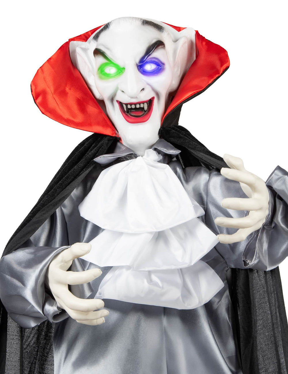 Gros plan sur le visage et le jabot de la décoration animée sonore et lumineuse Vampire Souriant
