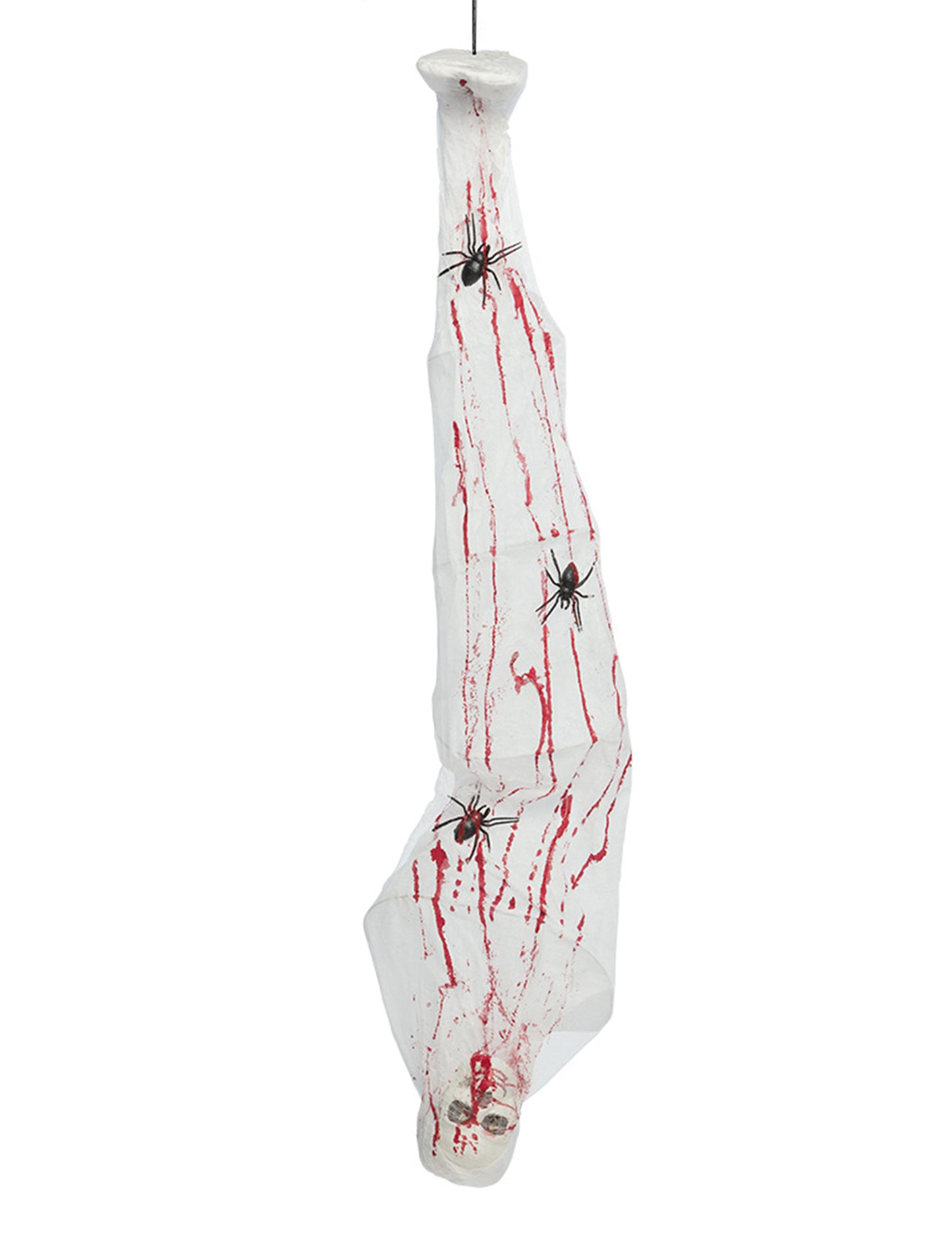 Décoration animée suspendue cocon d’araignée avec corps emprisonné pour Halloween blanc ensanglanté avec araignées noires