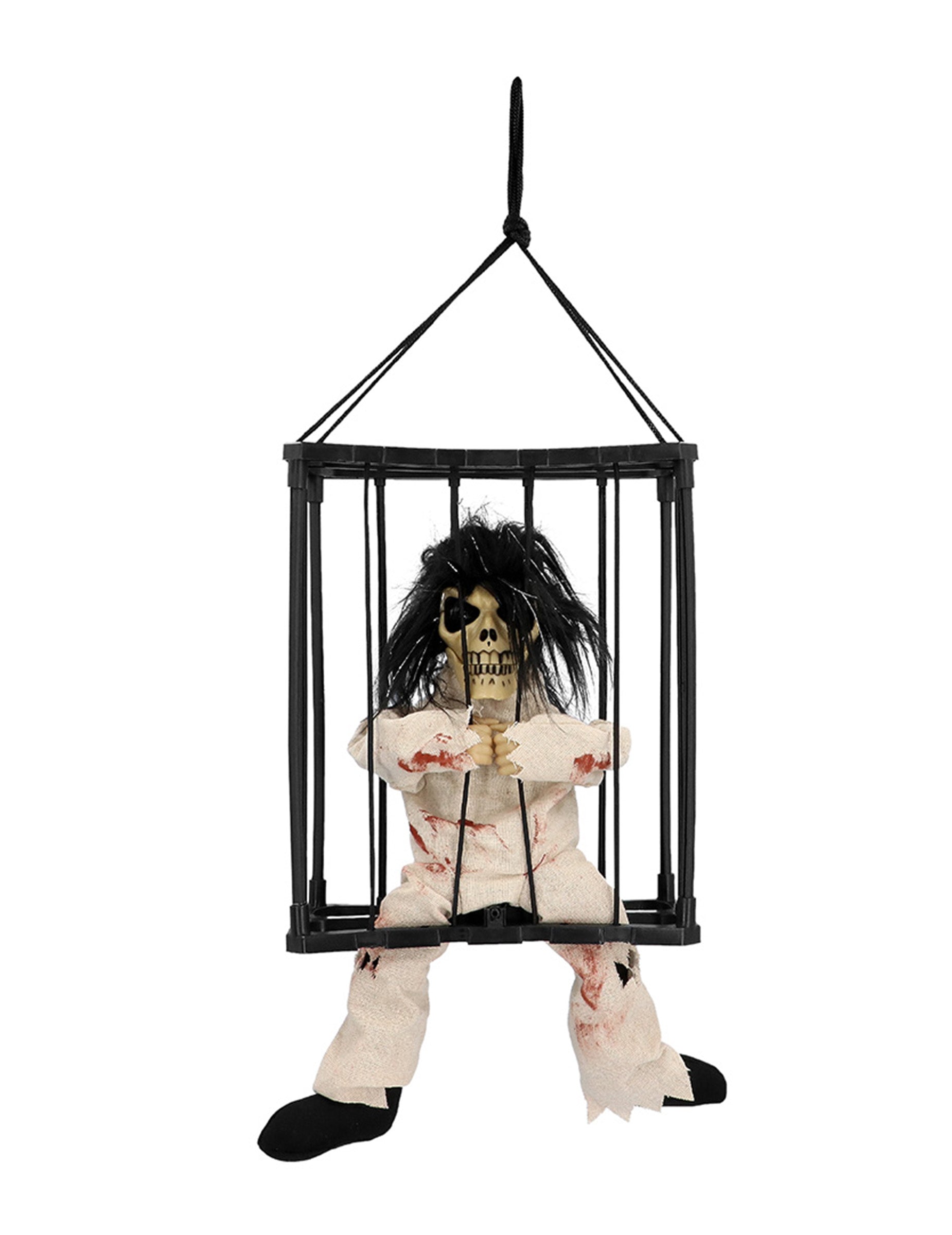 Décoration animée suspendue fantôme de prisonnier blanc ensanglanté en cage noire
