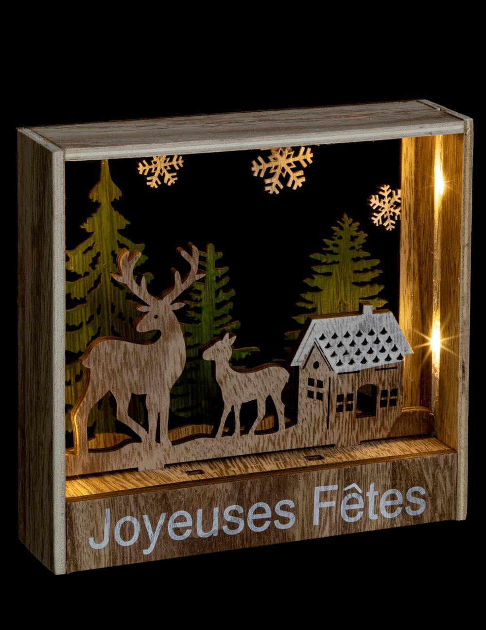 Beleuchtete Rahmen-Dekoration zum Aufstellen Rentiere aus Holz mit der Aufschrift Frohe Feiertage