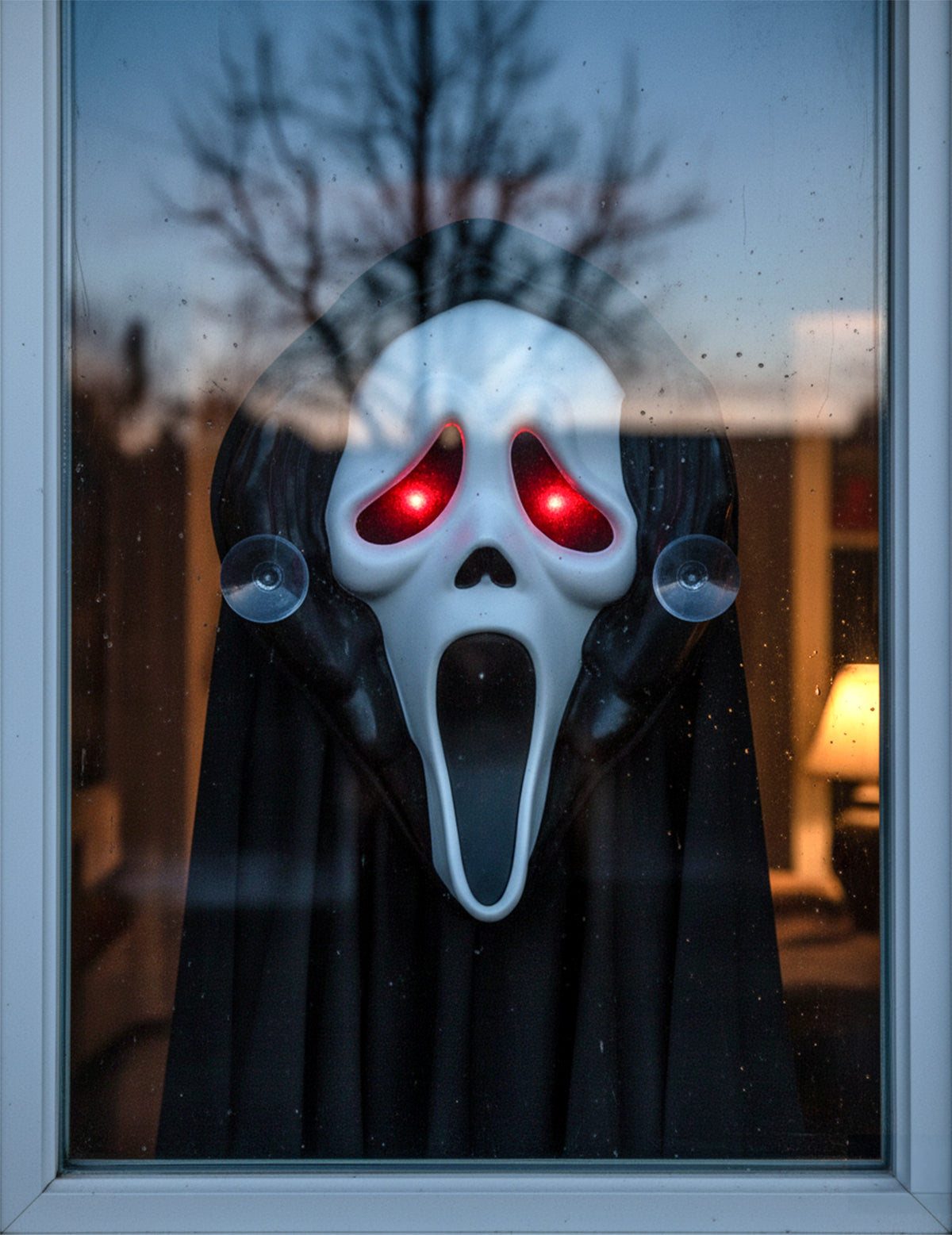 Décoration de fenêtre Scream pour Halloween lumineuse noire et blanche aux yeux rouges