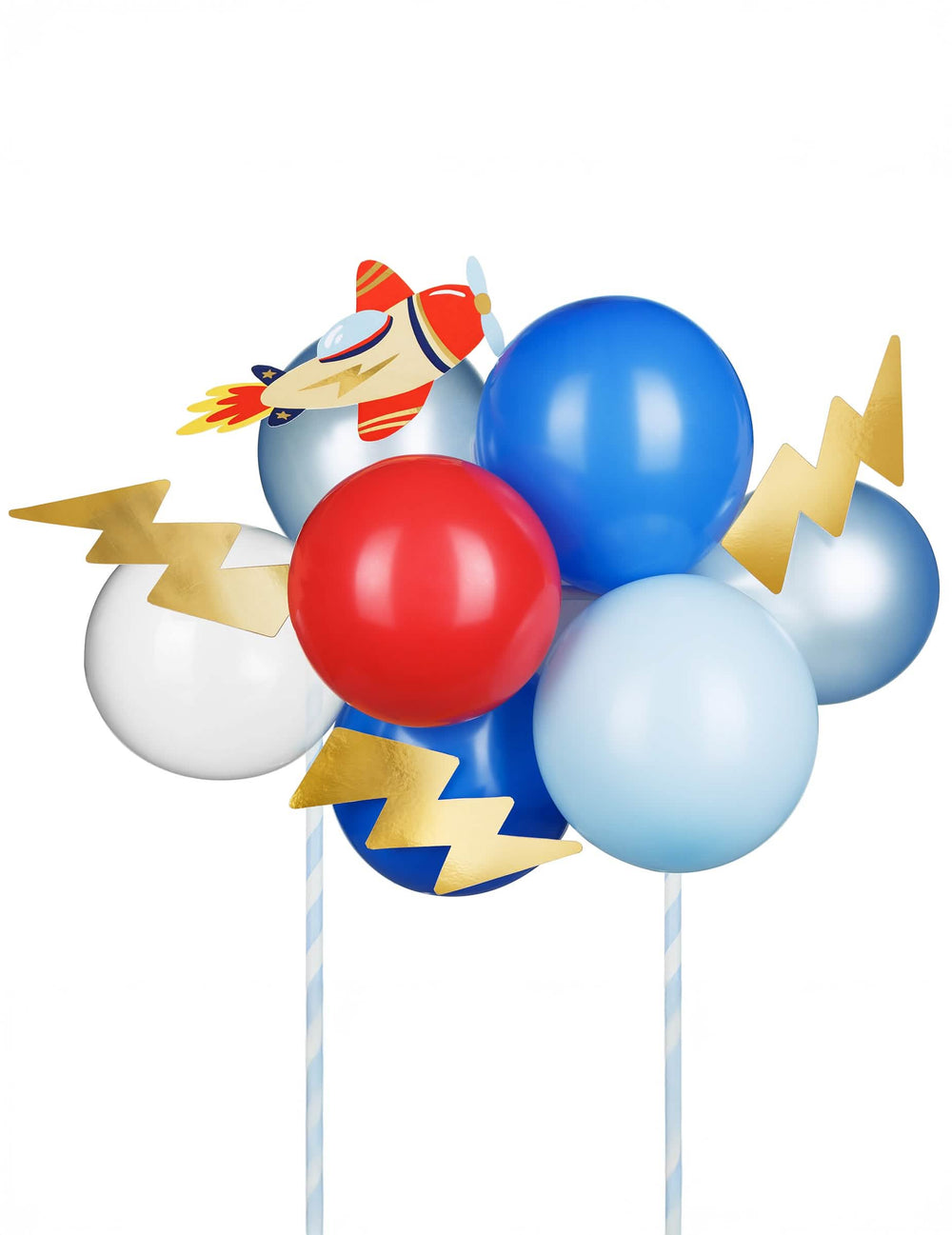 Décoration de gâteau petit avion pour enfant avec ballons colorés et éclairs dorés