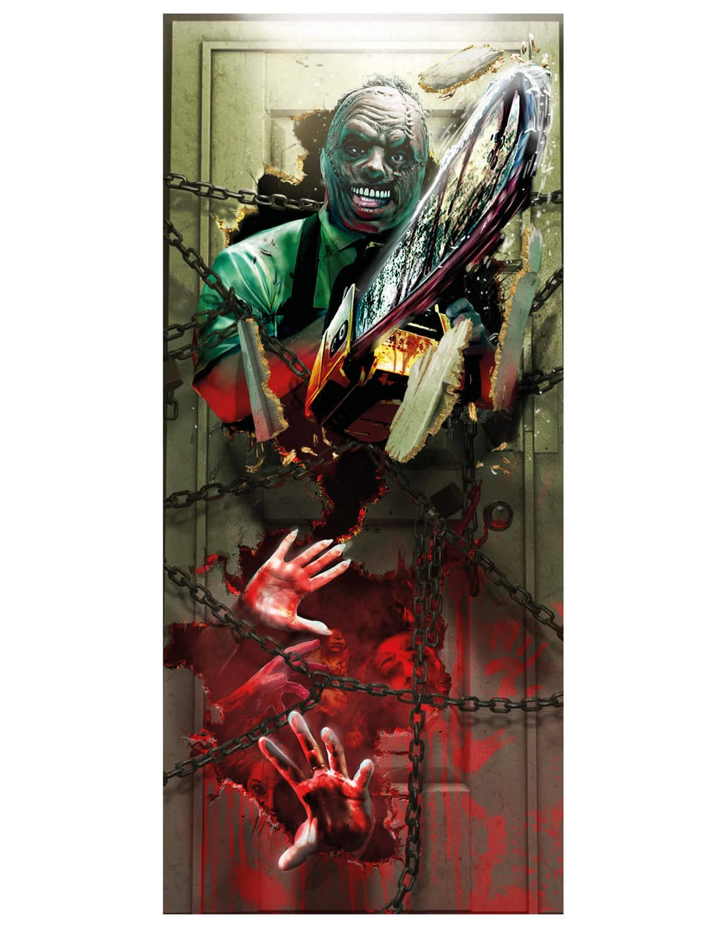 Décoration de porte assassin pour Halloween sanglante avec tronçonneuse et chaînes