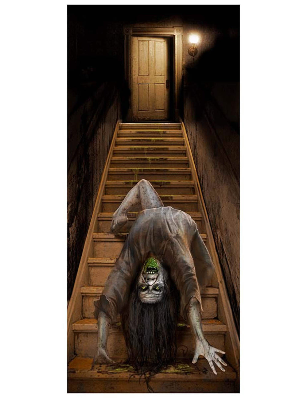 Détail de la créature rampant à l'envers sur l'escalier de la décoration de porte zombie possédé