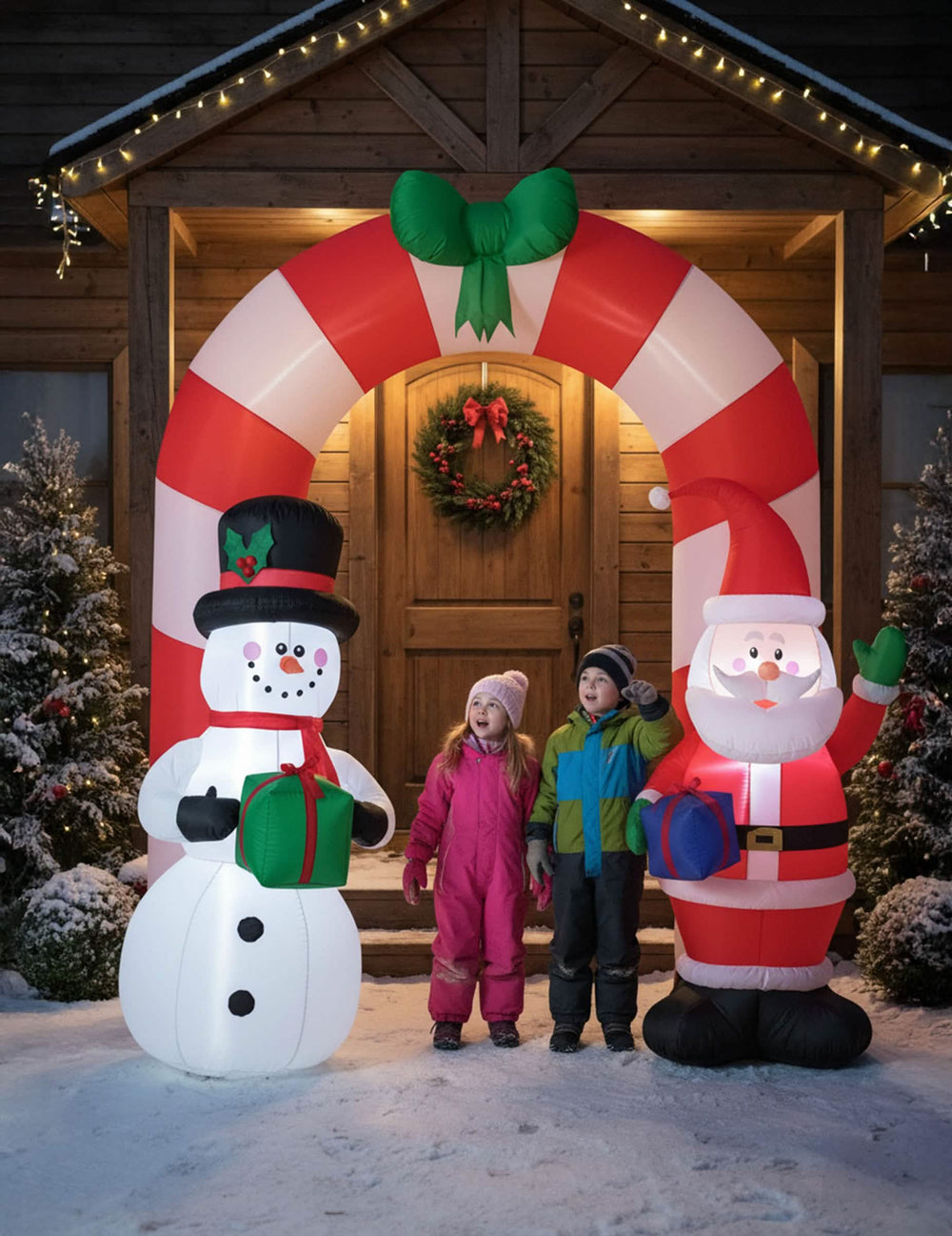 Décoration gonflable lumineuse Arche de Noël pour l'extérieur rouge et blanche avec Père Noël et bonhomme de neige