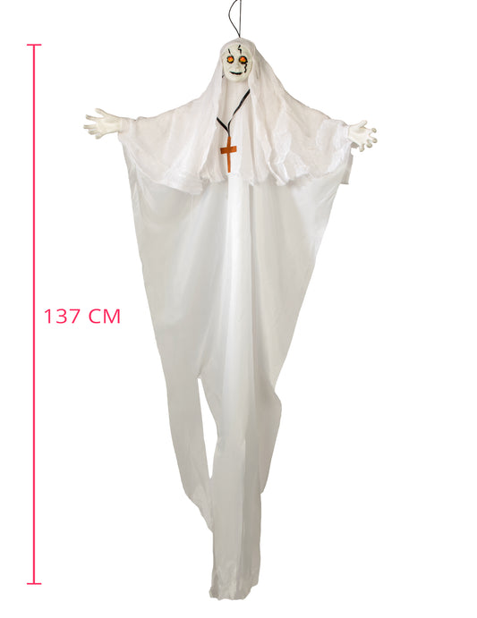 Gespenstische Nonne Halloween-Deko mit Leuchtfunktion Partyzubehör weiss 137cm