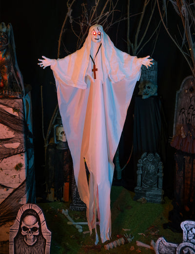 Gespenstische Nonne Halloween-Deko mit Leuchtfunktion Partyzubehör weiss 137cm