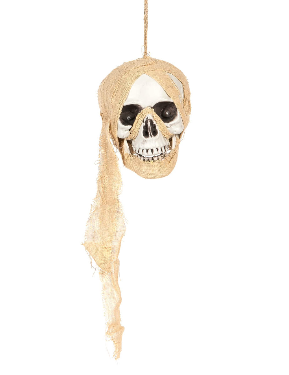 Décoration lumineuse tête de mort pirate à suspendre beige avec bandages en tissu