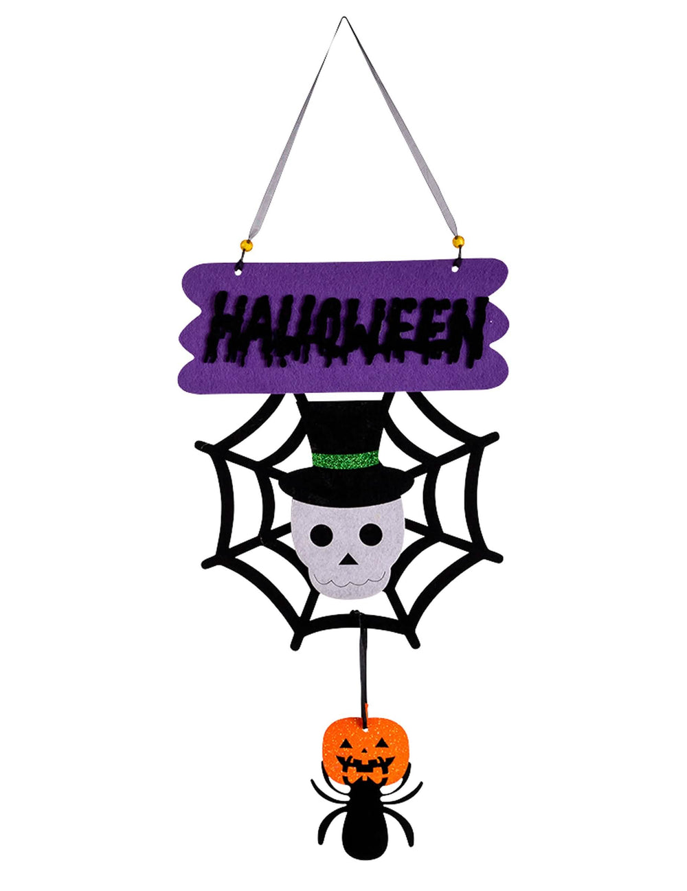 Kleine Skelett-Dekoration für Halloween, violett und schwarz mit Spinnennetz und Kürbis