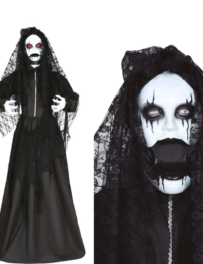 Vue d'ensemble et gros plan du visage de la décoration poupée animée de mariée pour Halloween