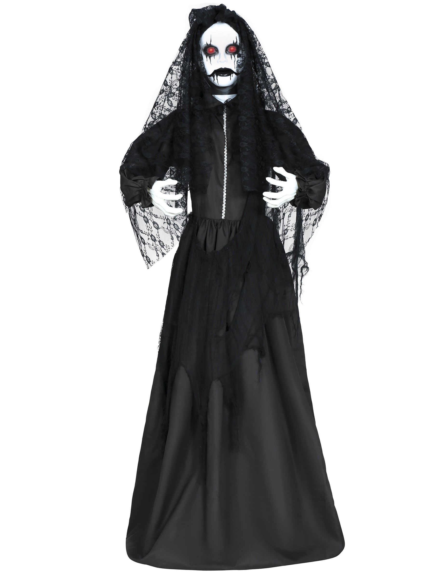 Décoration poupée animée de mariée pour Halloween lumineuse et sonore noire avec voile en dentelle