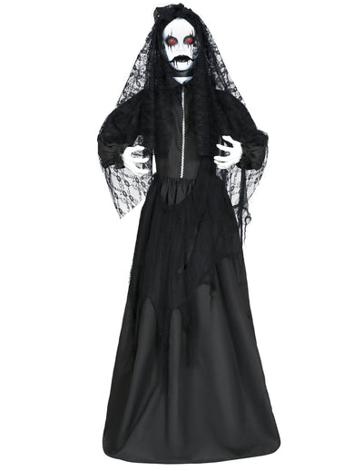 Décoration poupée animée de mariée pour Halloween lumineuse et sonore noire avec voile en dentelle
