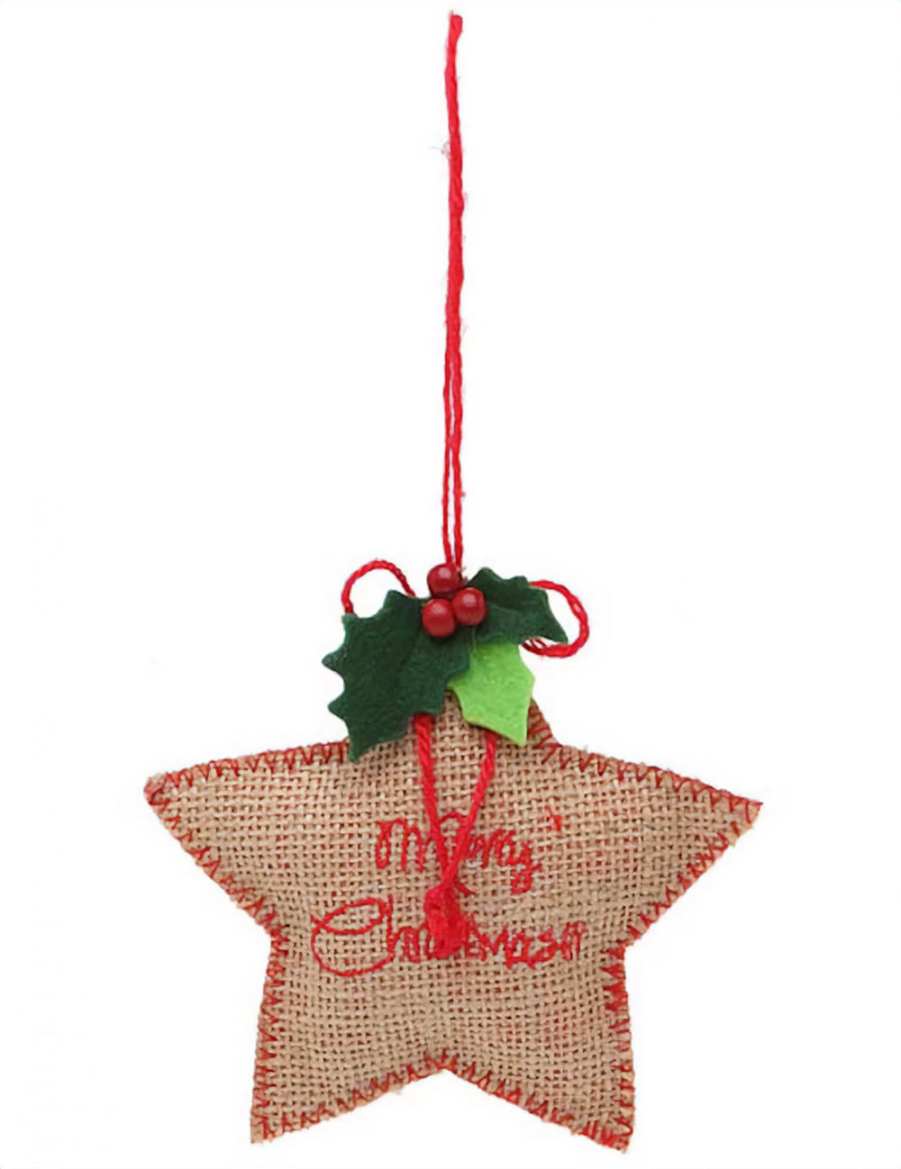 Hänge Stern aus Stoff Merry Christmas für Weihnachten aus braunem und rotem Jute mit Stechpalme