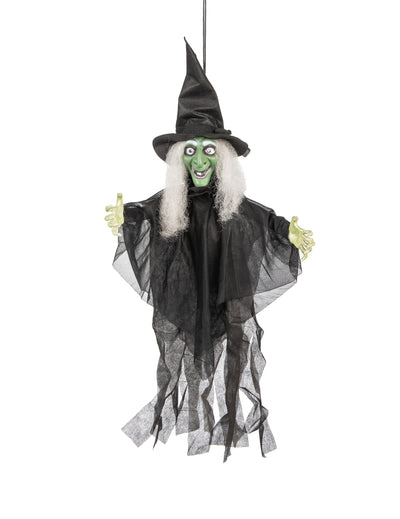 Décoration sorcière animée lumineuse et parlante pour Halloween noire et verte