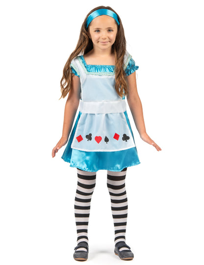 Vue de face du déguisement Alice pour fille avec collants rayés et serre-tête