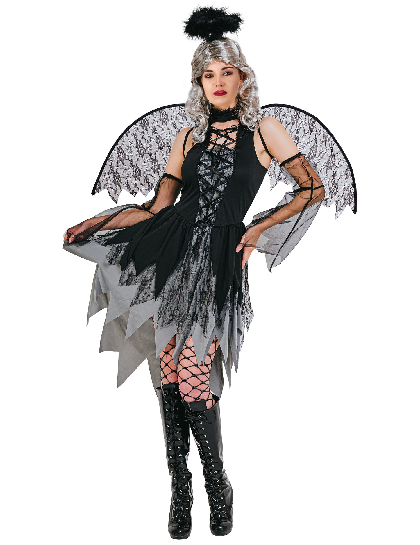 Déguisement d'ange gothique pour femme noir et gris avec ailes et auréole