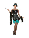 Déguisement années 20 paon pour femme noir avec motifs plumes et franges turquoises