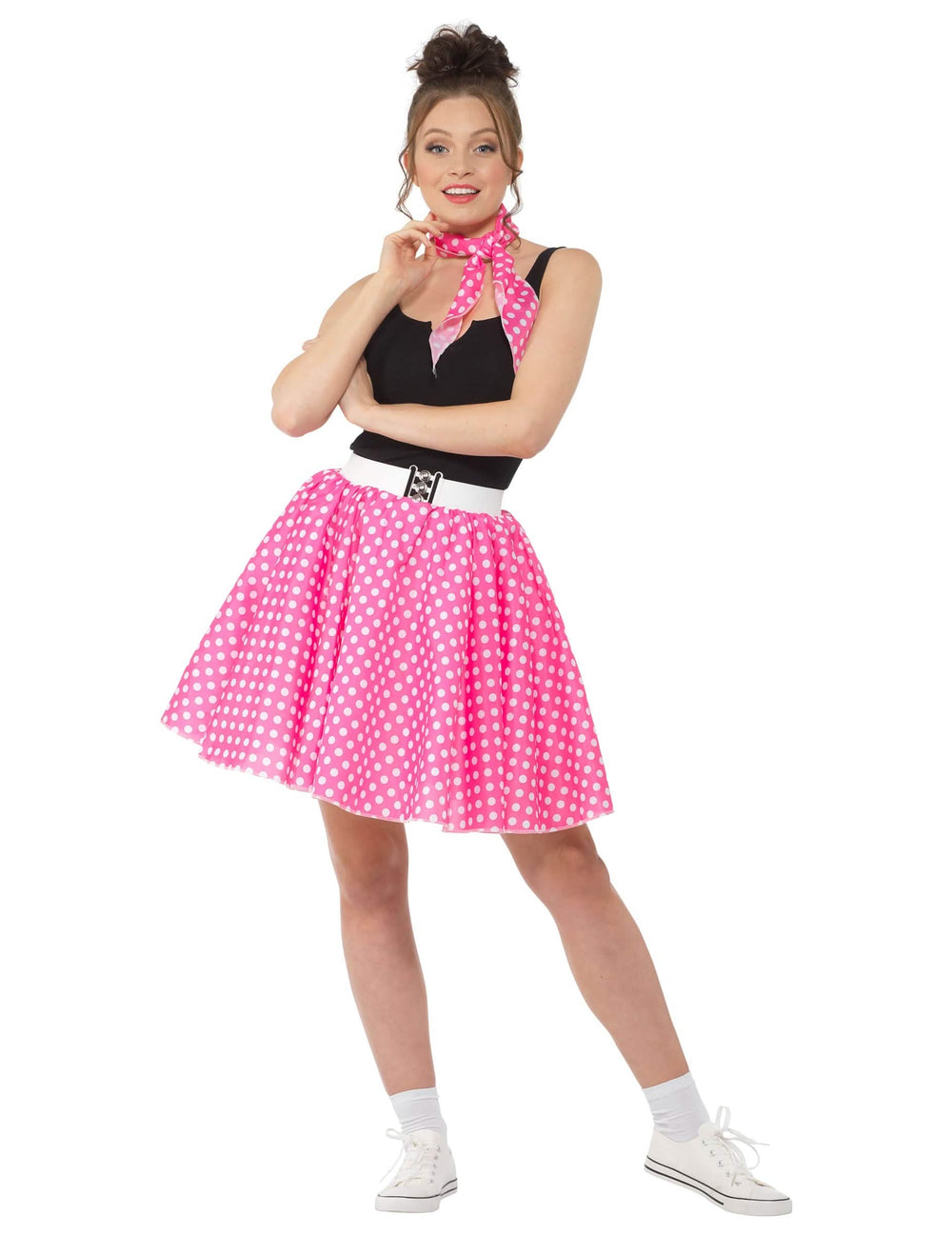 50er-Jahre-Kostüm für Damen Rosa, Pink mit Punkten mit Schal und Gürtel