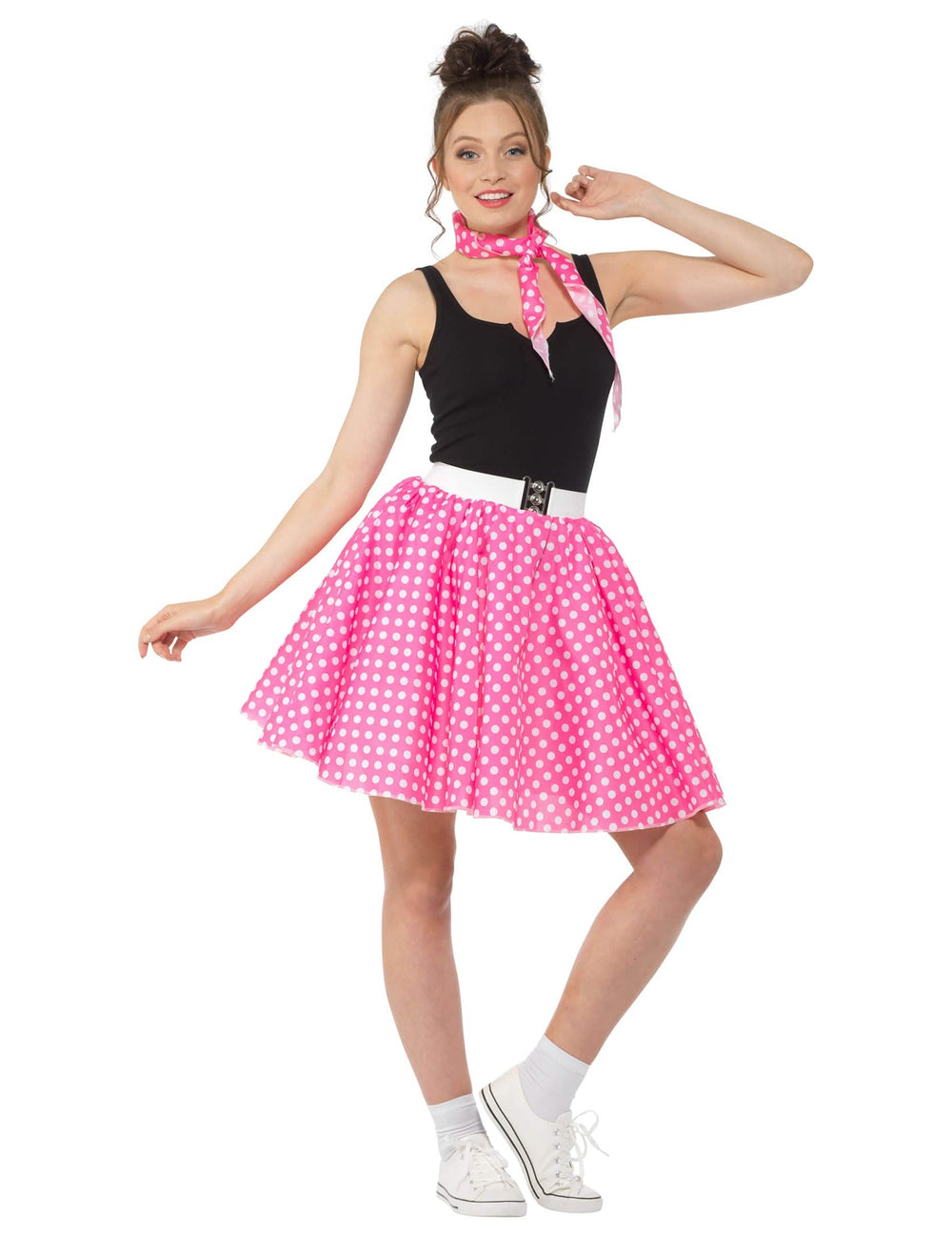 Gesamtansicht des 50er-Jahre-Kostüm für Damen Rosa, Pink mit Punkten
