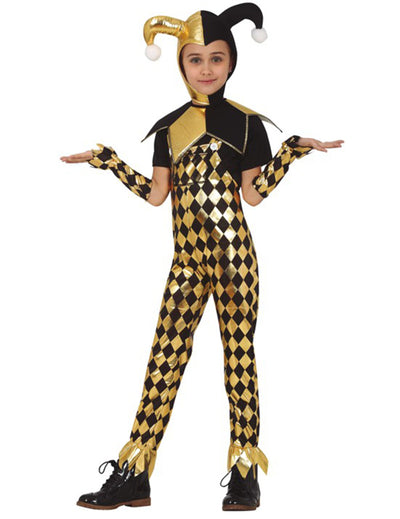 Harlekin-Kostüm für Mädchen, goldfarben und schwarz, mit Rautenmustern und Kopfbedeckung