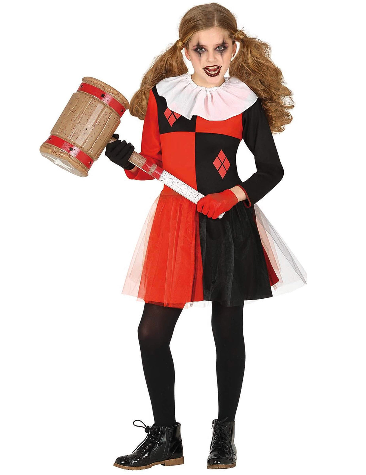 Déguisement d'Arlequine pour fille noir et rouge avec collerette blanche