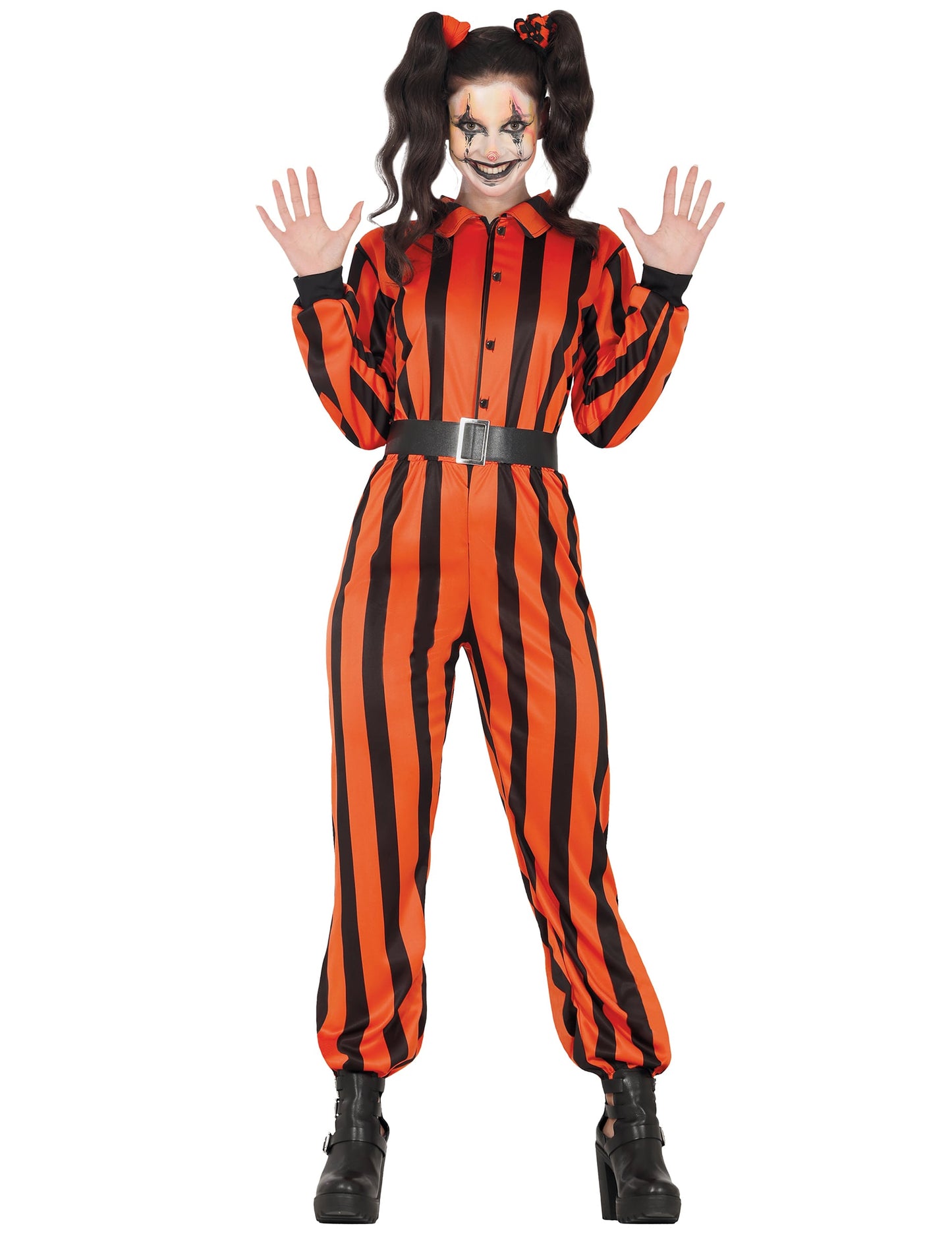 Déguisement arlequin prisonnier pour femme orange et noir rayé avec ceinture