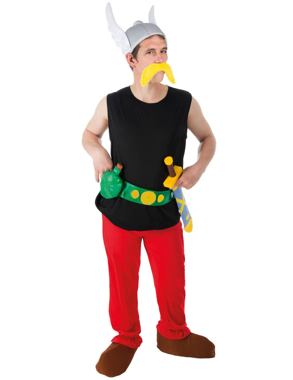 Asterix-Festkostüm für Erwachsene Schwarz und Rot mit geflügeltem Helm und Gelb Schnurrbart