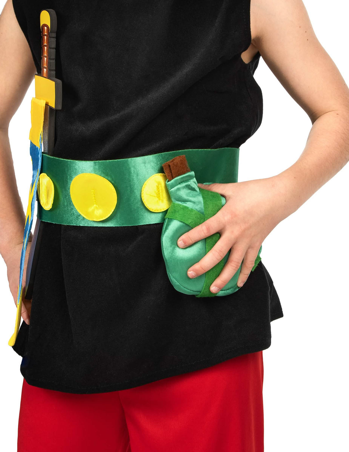 Detail des Gürtels mit Schwert und Trinkflasche des Asterix-Kinderkostüms