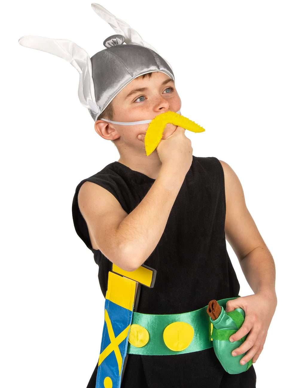 Nahaufnahme des Helms und des Schnurrbarts des Asterix-Kinderkostüms