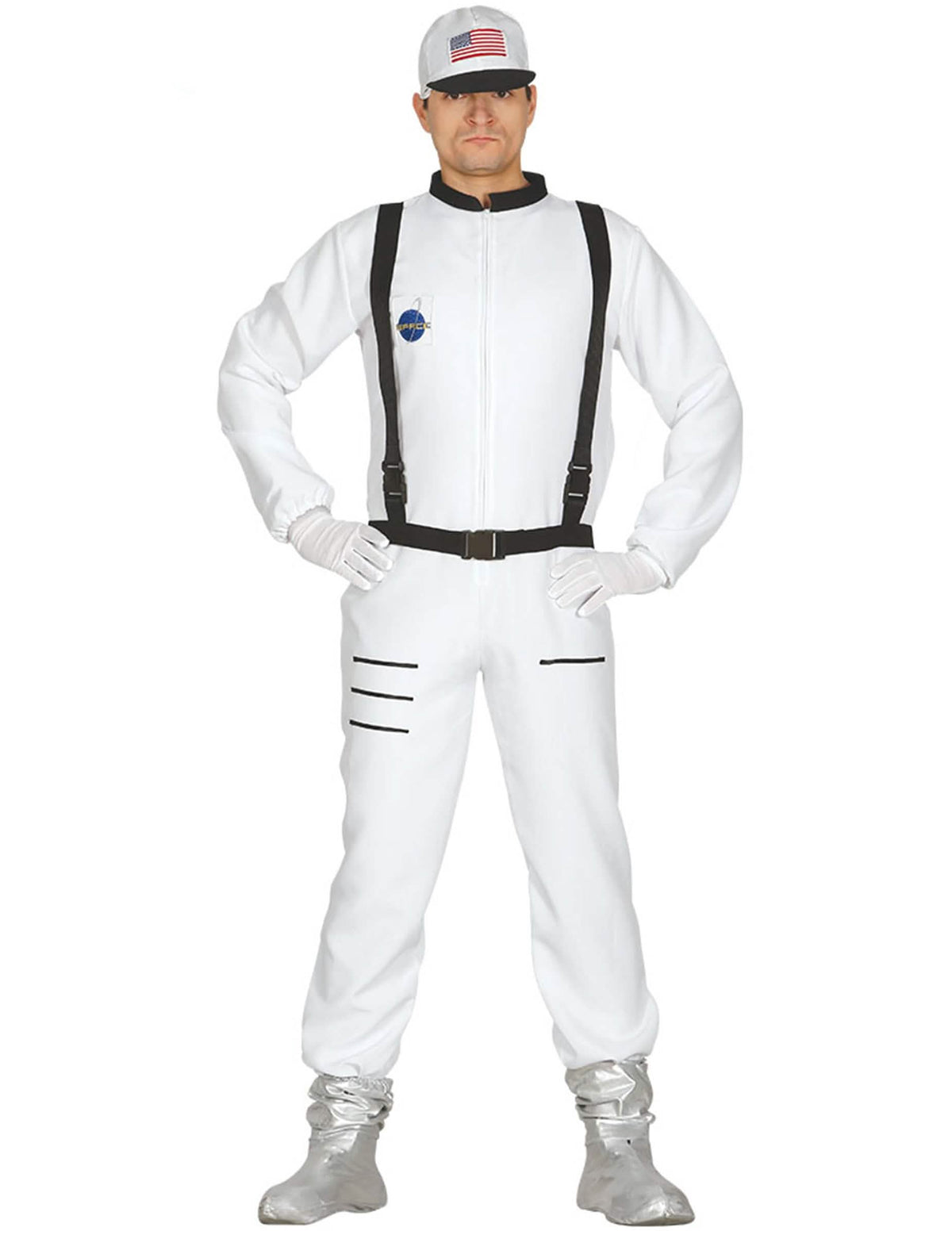 Déguisement d'astronaute pour homme blanc avec bretelles noires et casquette