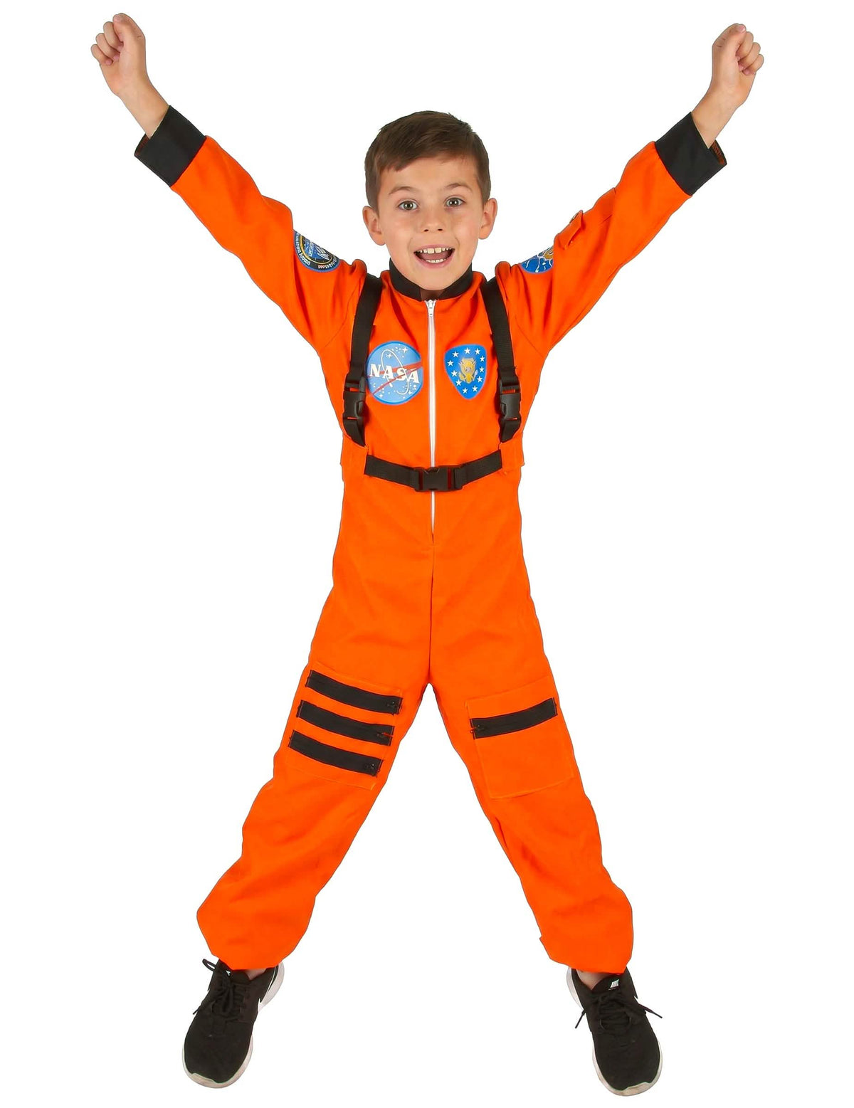 Astronauten & Aliens-Verkleidung für Jungen orange mit Schwarz Gurtzeug und NASA-Aufnähern
