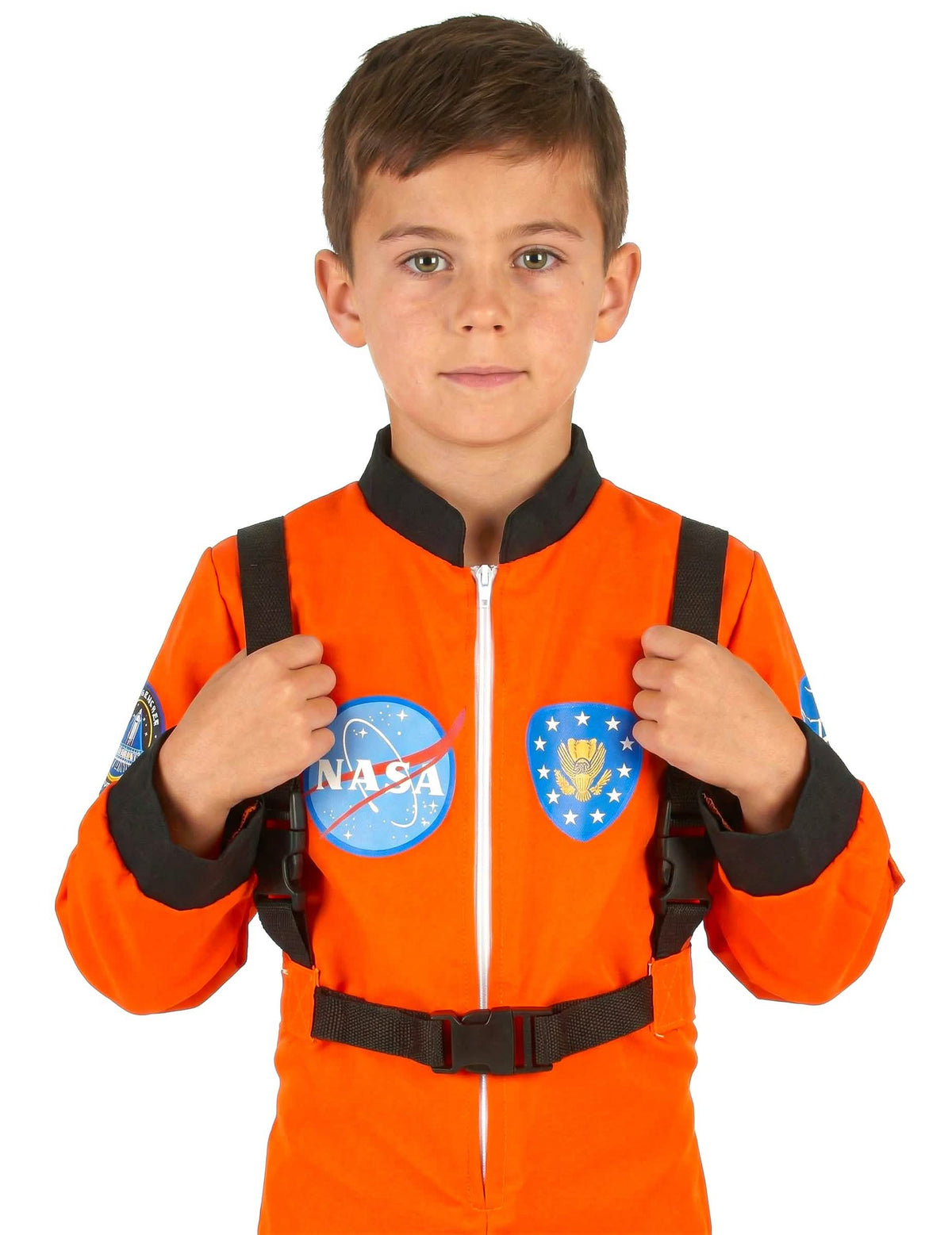 Großaufnahme der Aufnäher und des Geschirrs des Astronauten & Aliens-Kostüms