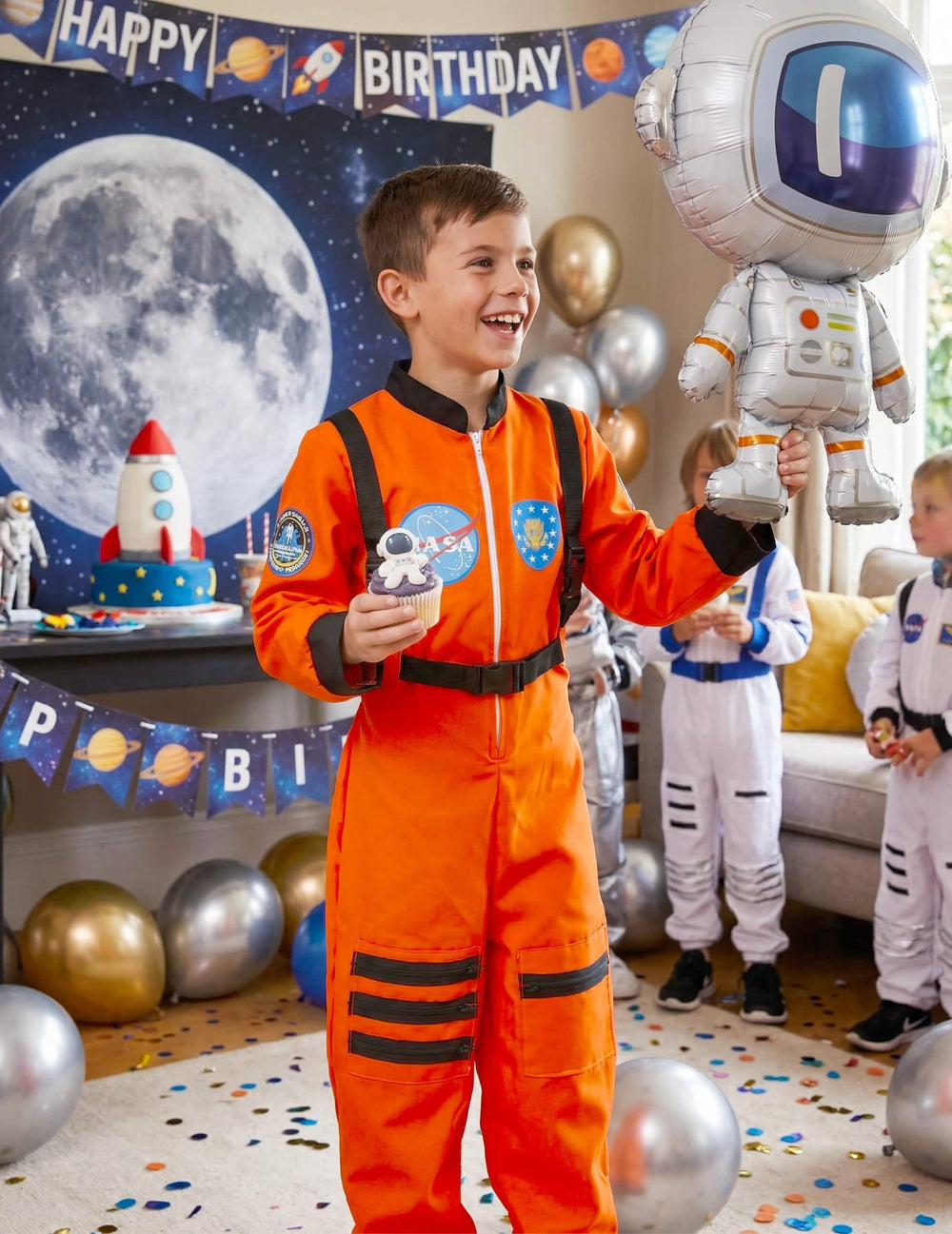 Geburtstagsdekoration des Astronauten & Aliens-Kostüms für Jungen orange