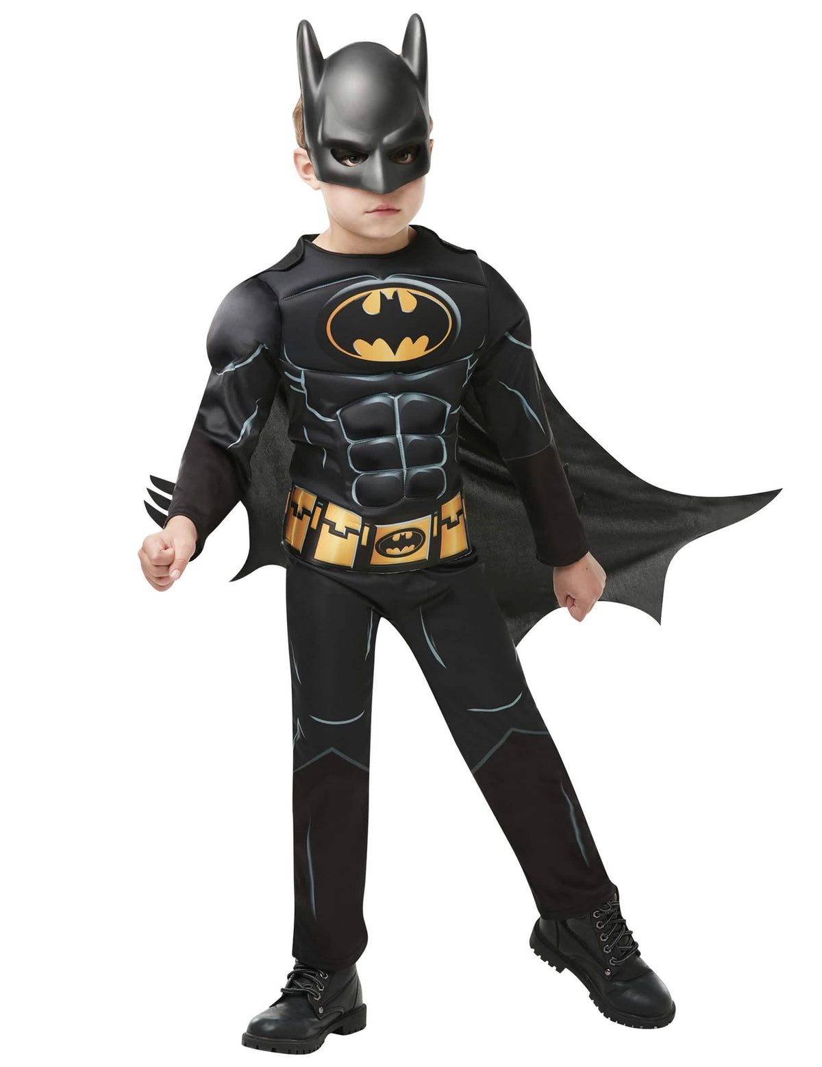 Batman-Kostüm mit Maske Luxus für Jungen Schwarz mit muskulösem Oberkörper und Gelb Gürtel