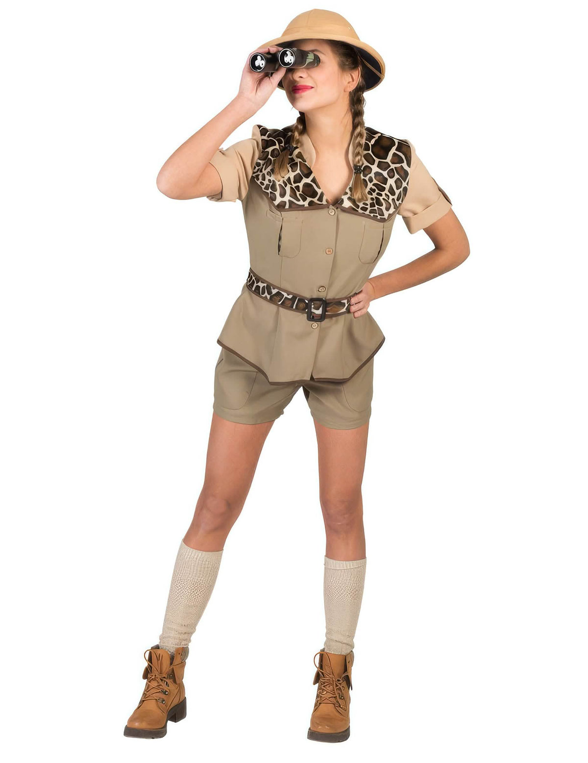 Déguisement aventurière safari pour femme beige à motifs girafe avec chapeau