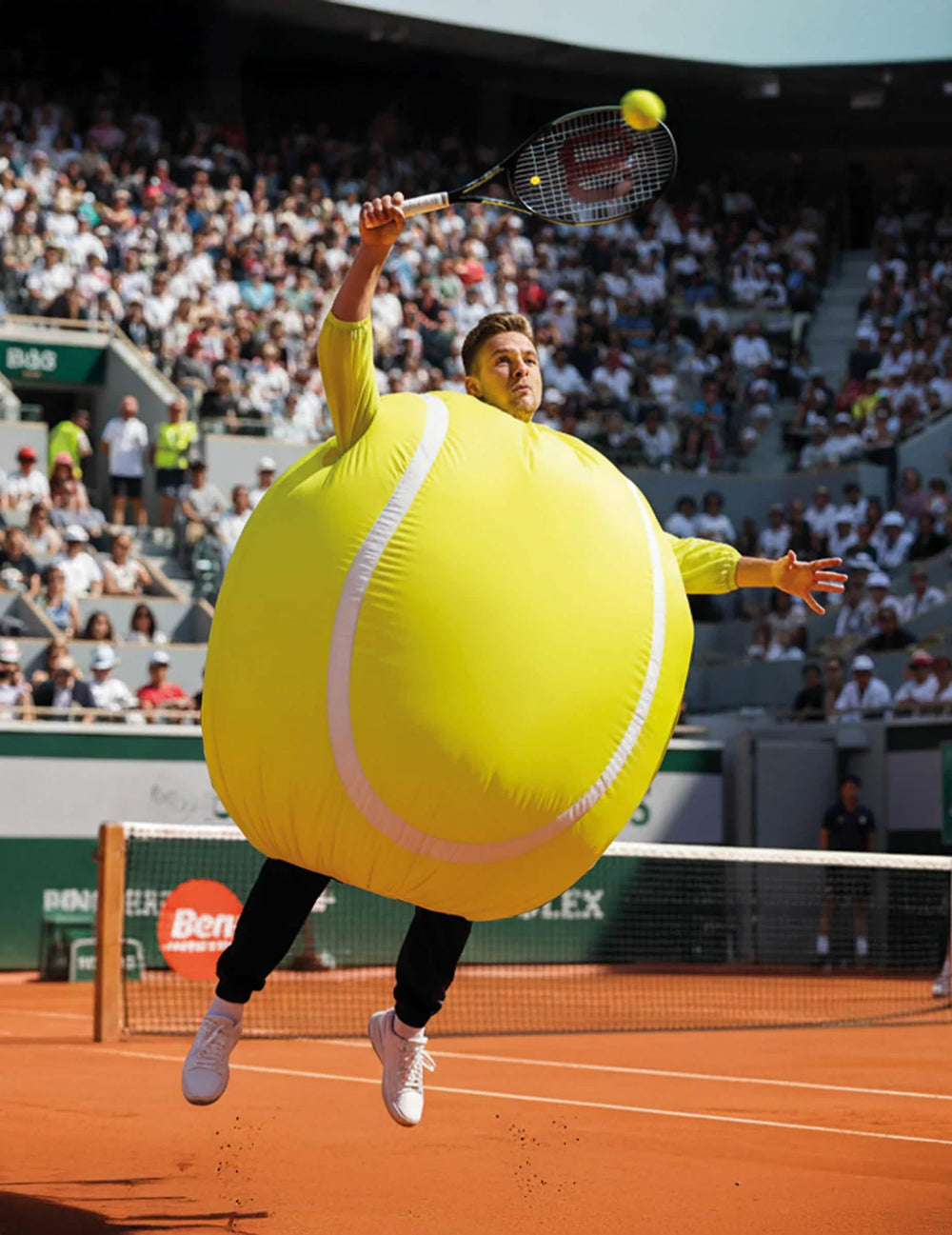 Sportliche Szenerie auf einem Platz mit aufblasbarem Tennisball-Huckepack