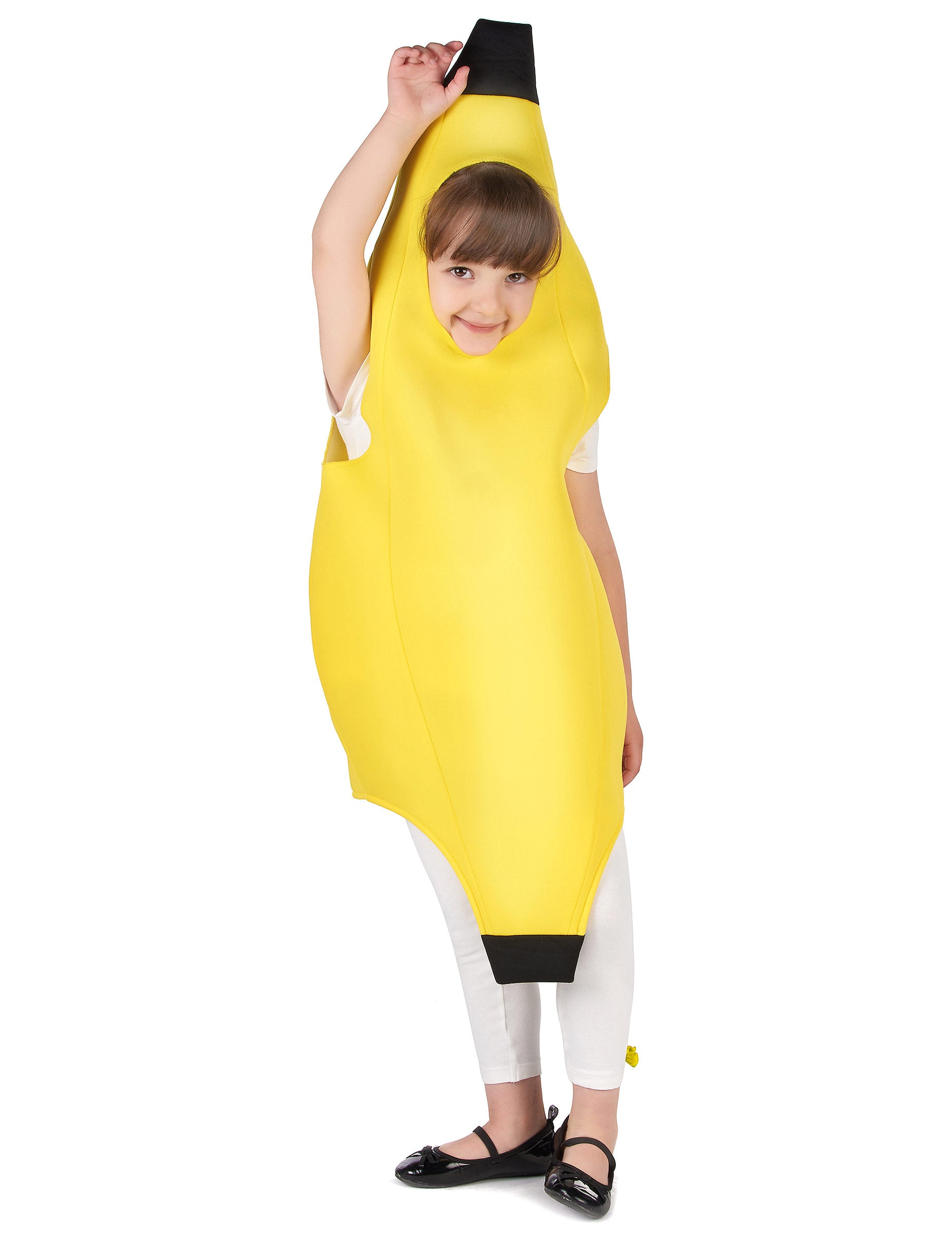 Vue de face avec bras levé du déguisement banane pour enfant