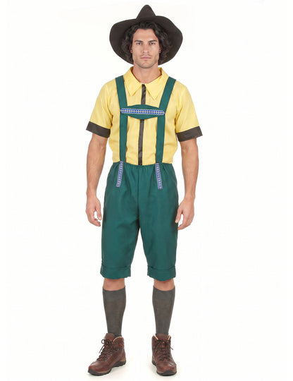 Bayrisches Kostüm Lederhose für Herren mit Hut grün-gelb