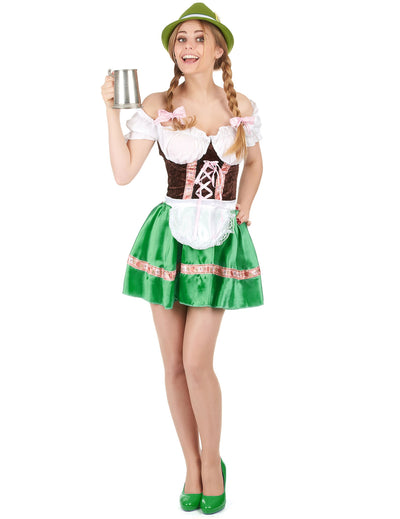 Traditionelles bayerisches Kostüm für Frauen in Grün und Braun mit passendem Hut