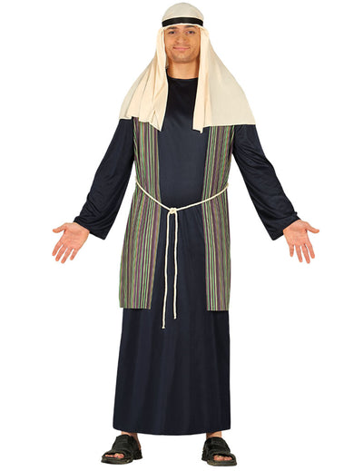 Déguisement de berger pour homme bleu avec gilet à rayures et coiffe