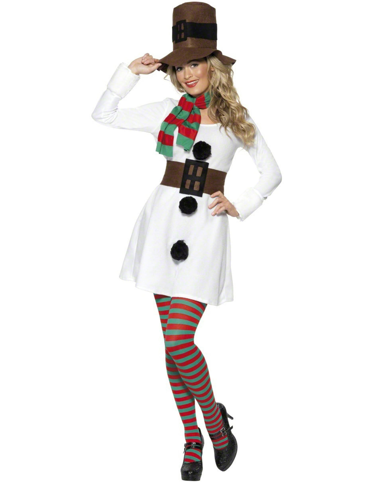 Déguisement de bonhomme de neige pour femme blanc avec écharpe et collants rayés rouge et vert